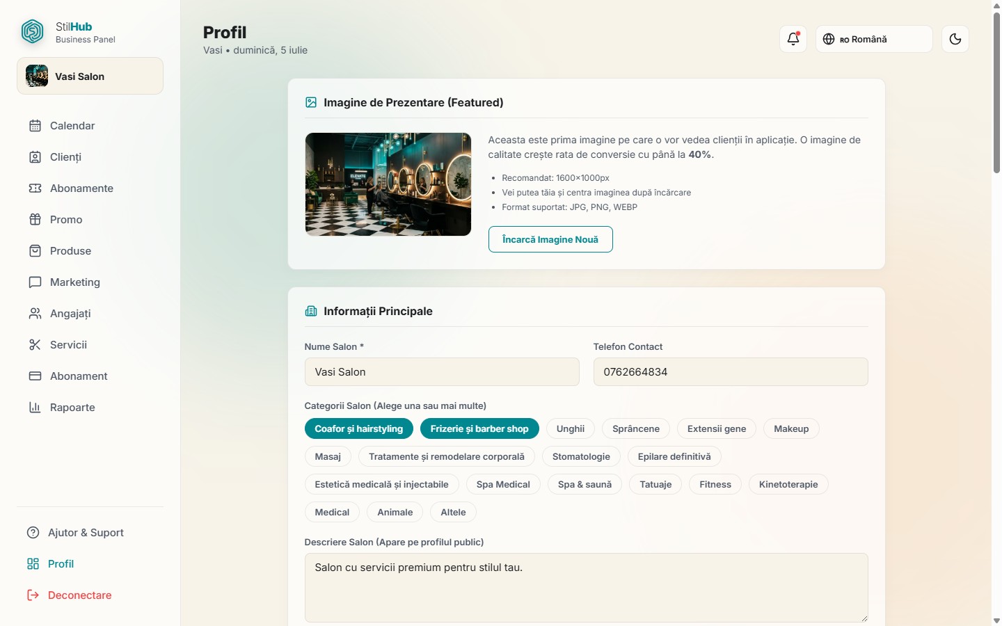 Profilul public al salonului, imagine de prezentare, informații principale și categorii în panoul StilHub